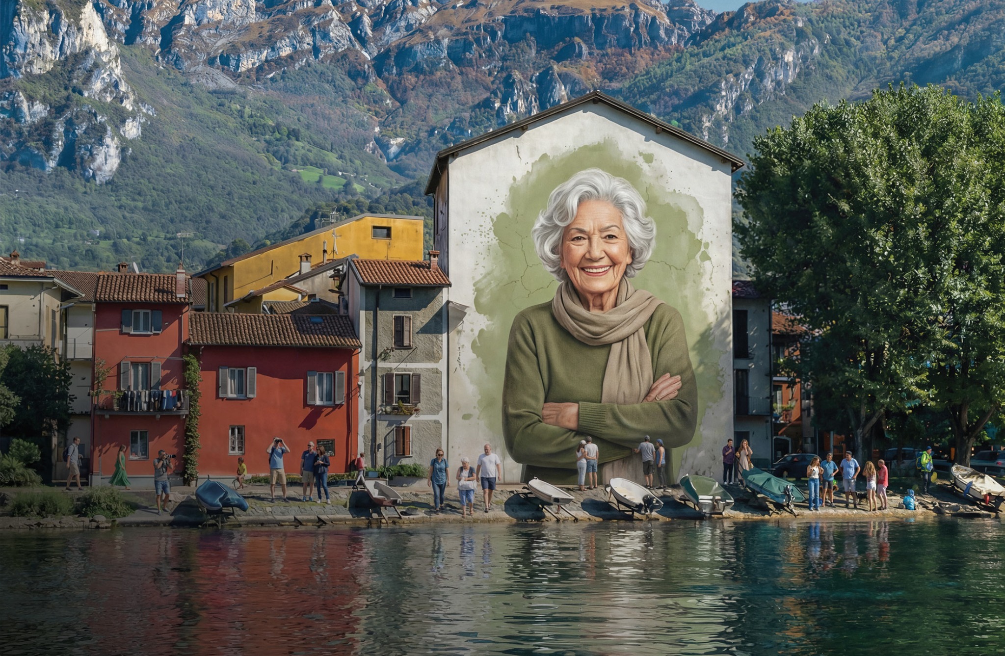 Murale raffigurante un'anziana donna sorridente sulla facciata di una casa in un paese del territorio lecchese, tra lago e montagne